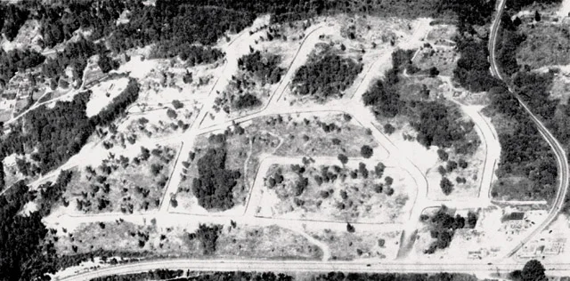 Aerial view of Uplake Terrace in 1953 with Bothell Way below and Cat's Whiskers Road at right