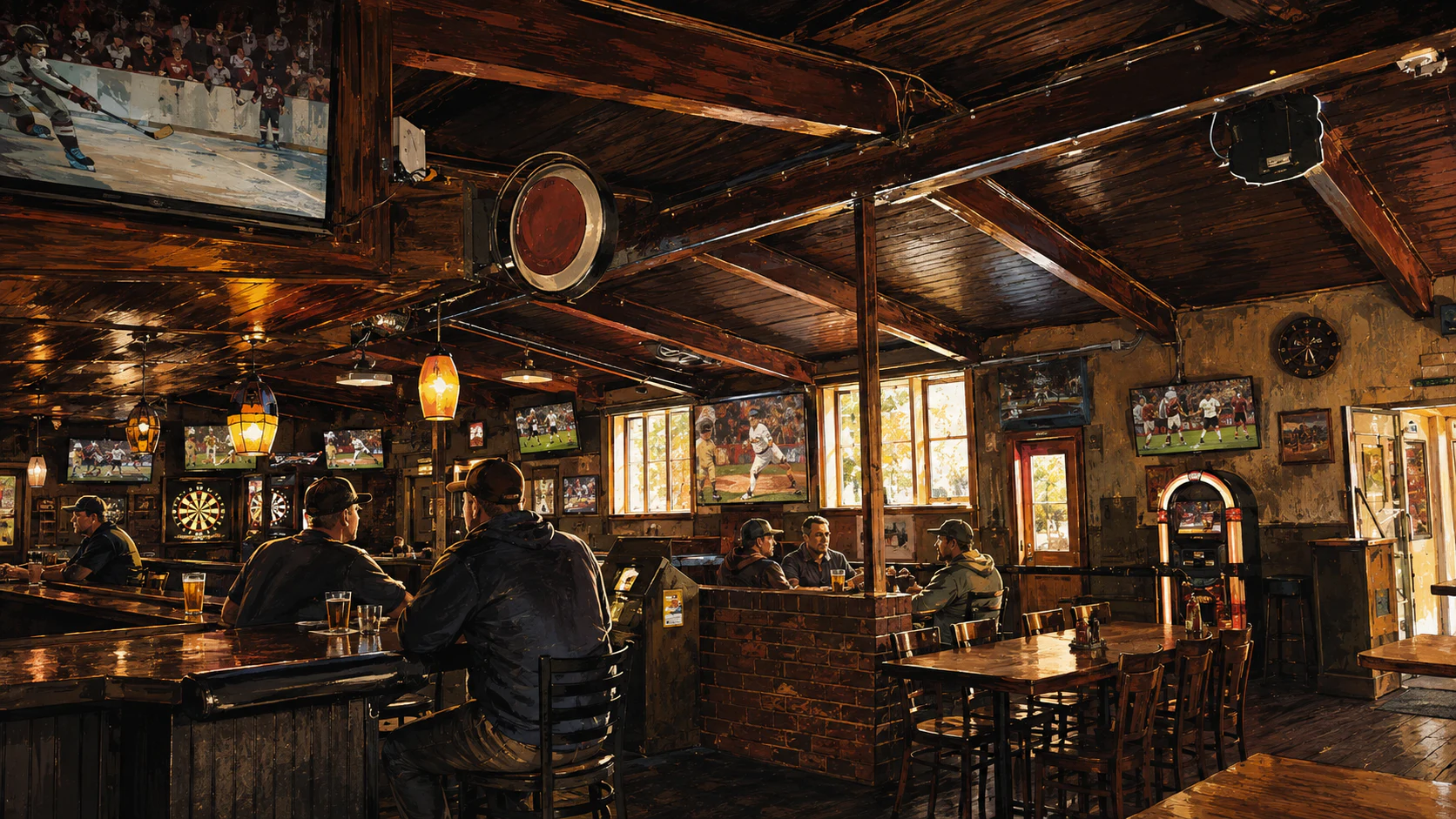 Stylized view inside Savage Moose Sports Pub with the bar, televisions, tables, and neighborhood regulars